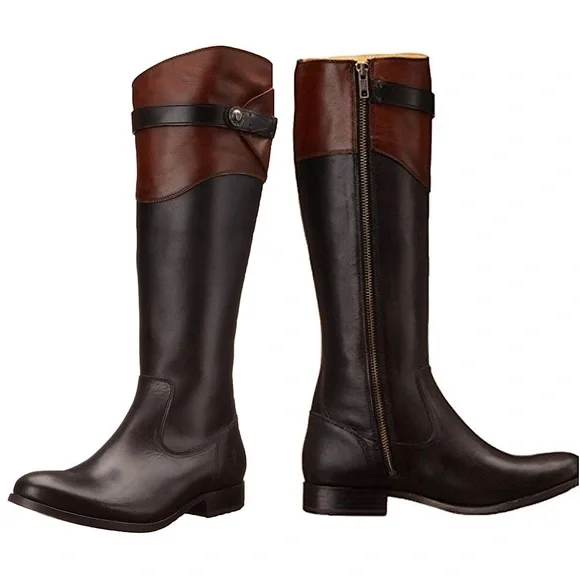 $399 Frye Molly Button Black Brown Multicolor Leather Equestrian Riding Boots